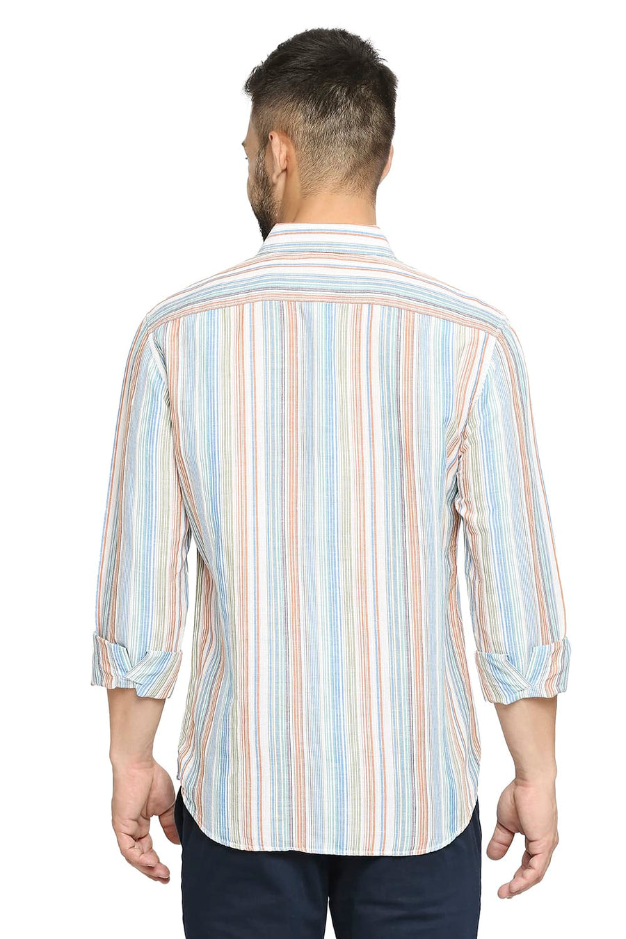 BASICS SLIM FIT PACIFIC BLUE COTTON LINEN STRIPE SHIRT