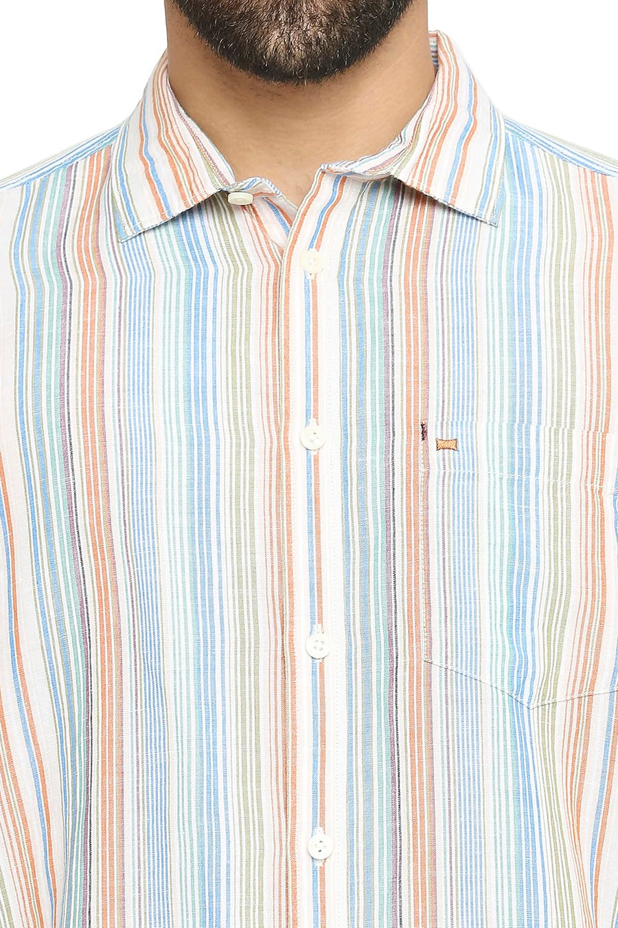 BASICS SLIM FIT PACIFIC BLUE COTTON LINEN STRIPE SHIRT