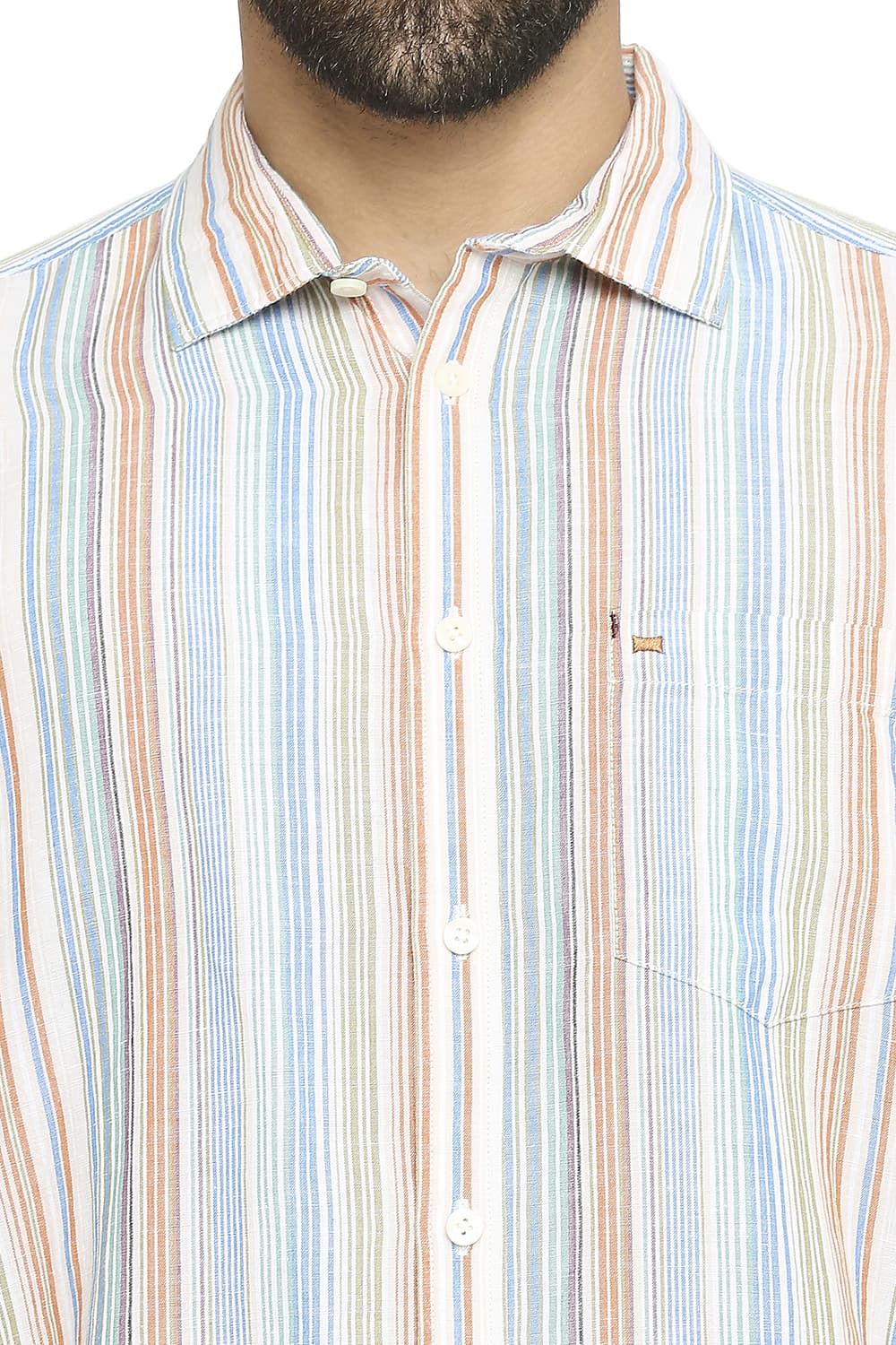 BASICS SLIM FIT COTTON LINEN STRIPE SHIRT