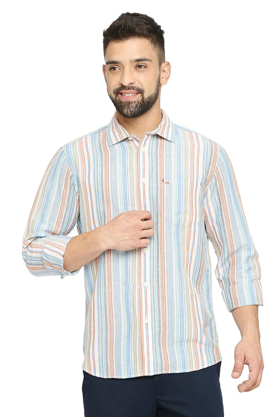 BASICS SLIM FIT PACIFIC BLUE COTTON LINEN STRIPE SHIRT