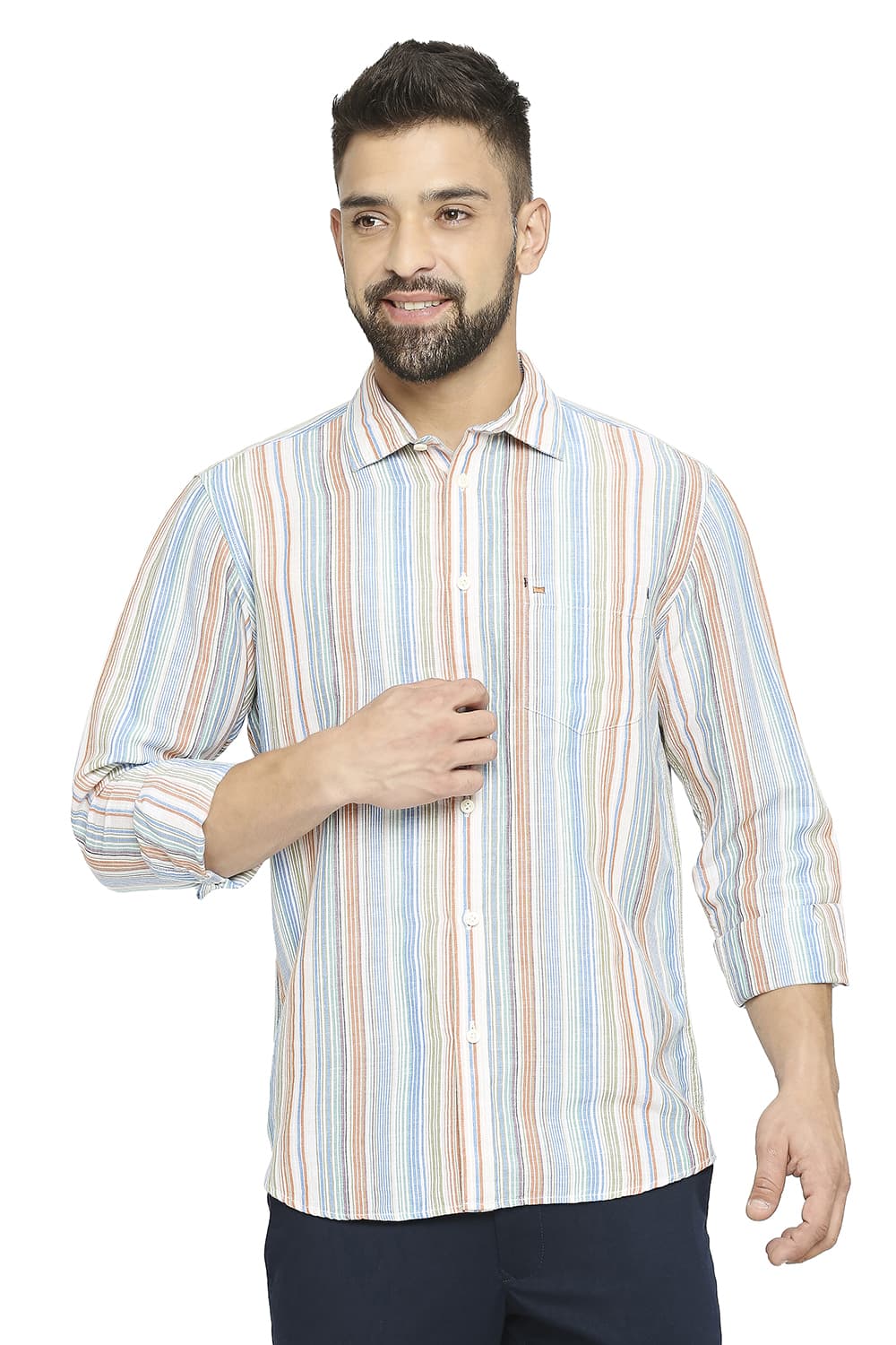 BASICS SLIM FIT COTTON LINEN STRIPE SHIRT