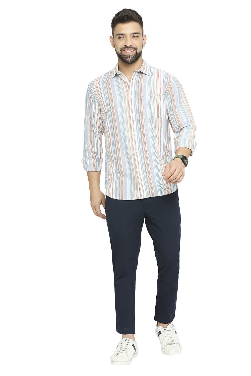 BASICS SLIM FIT COTTON LINEN STRIPE SHIRT