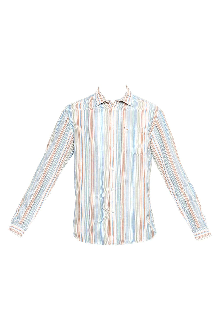 BASICS SLIM FIT PACIFIC BLUE COTTON LINEN STRIPE SHIRT