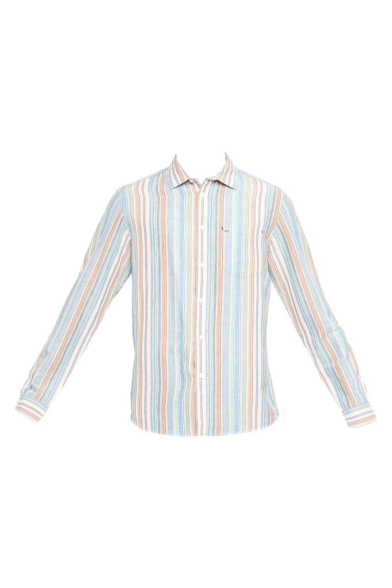 BASICS SLIM FIT COTTON LINEN STRIPE SHIRT