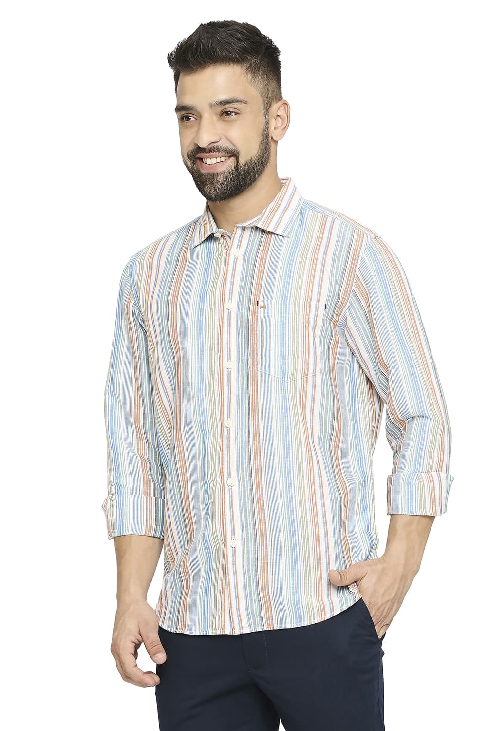 BASICS SLIM FIT COTTON LINEN STRIPE SHIRT