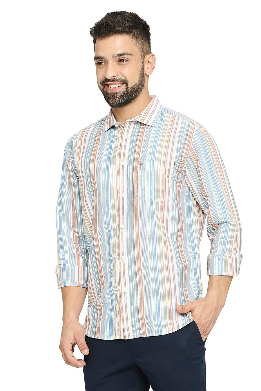 BASICS SLIM FIT PACIFIC BLUE COTTON LINEN STRIPE SHIRT