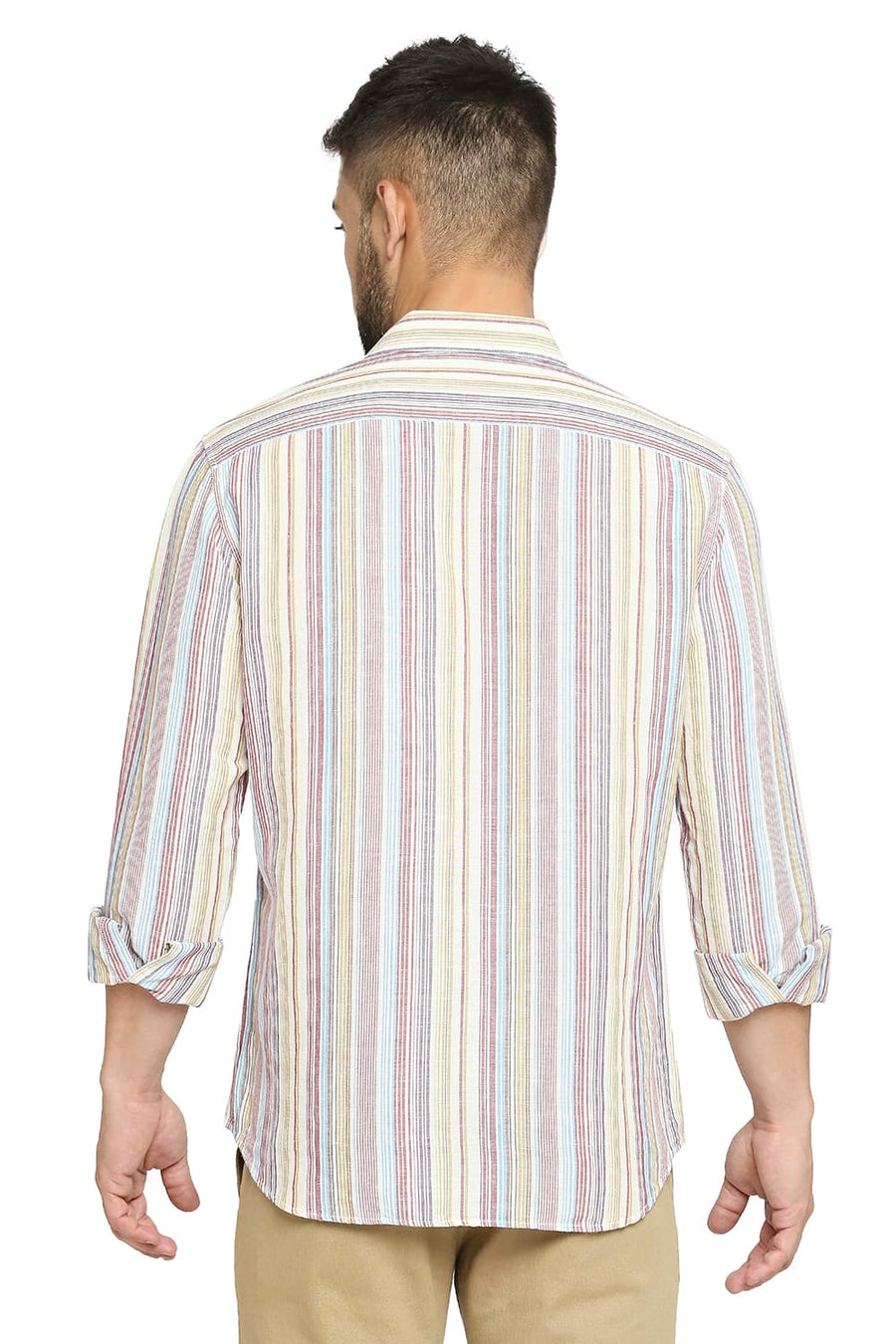 BASICS SLIM FIT EARTH RED COTTON LINEN STRIPE SHIRT