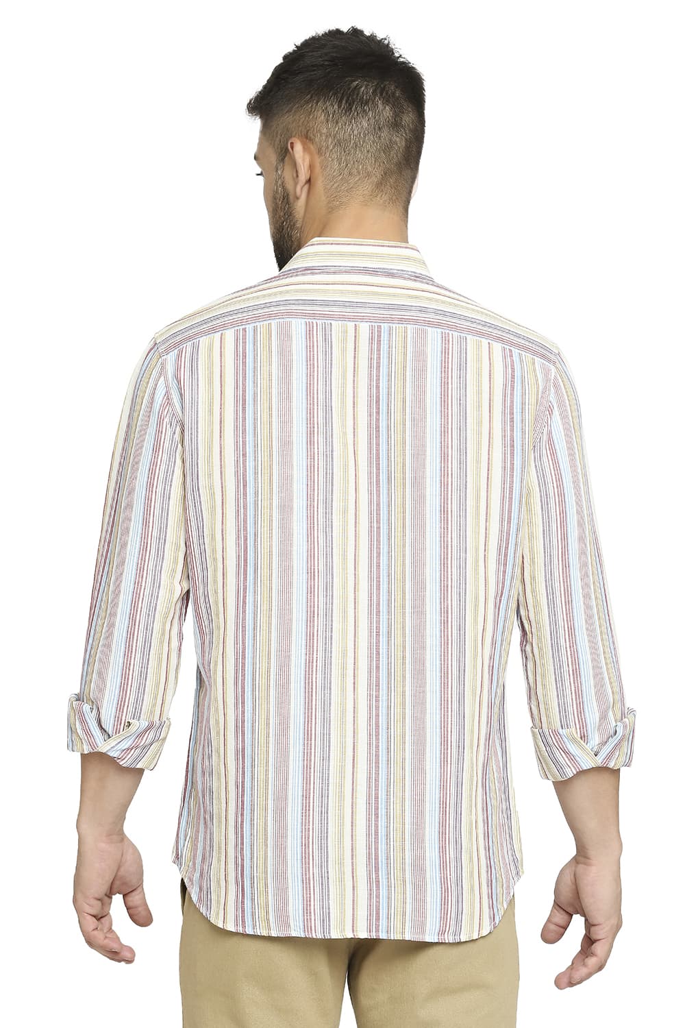 BASICS SLIM FIT COTTON LINEN STRIPE SHIRT