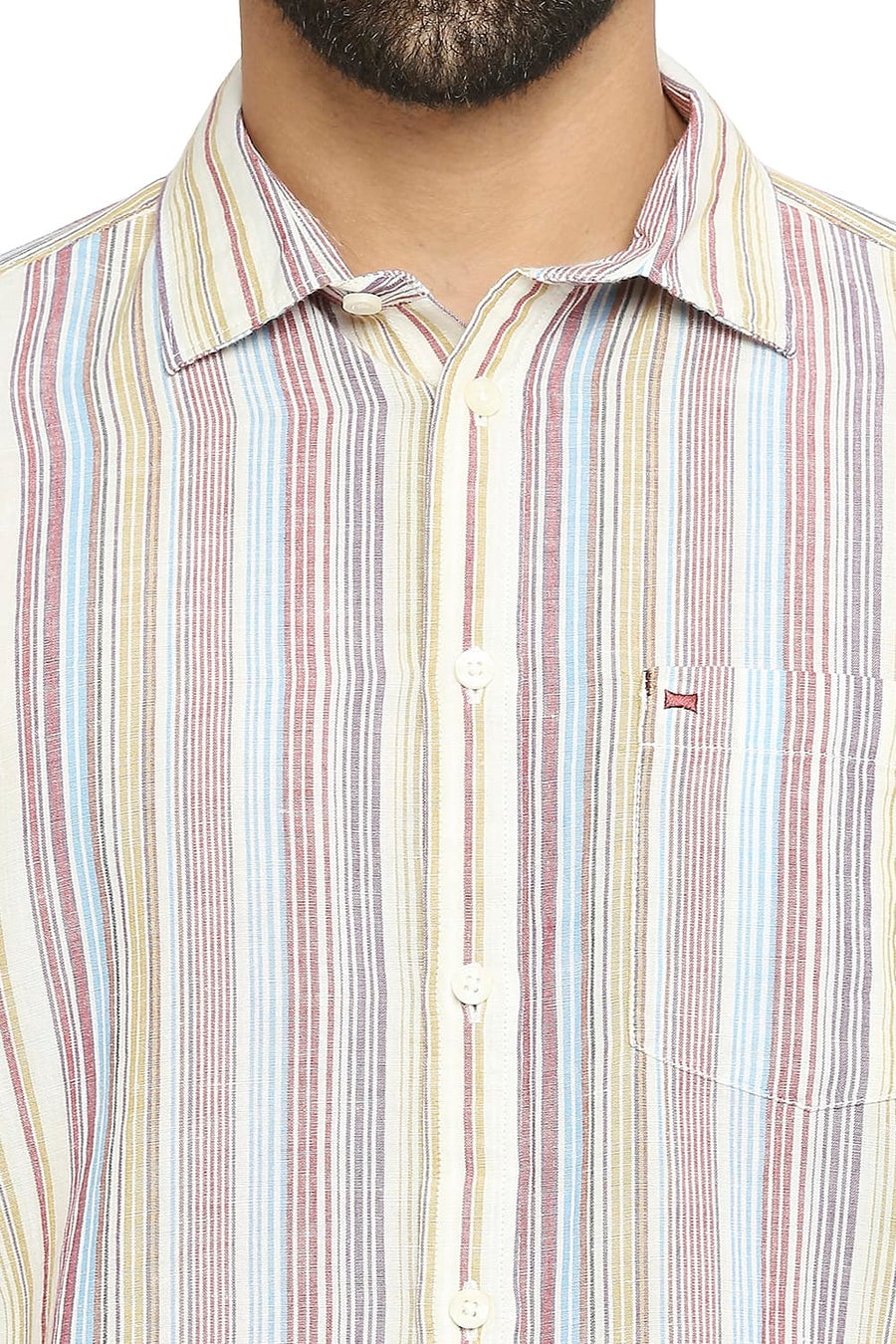BASICS SLIM FIT EARTH RED COTTON LINEN STRIPE SHIRT