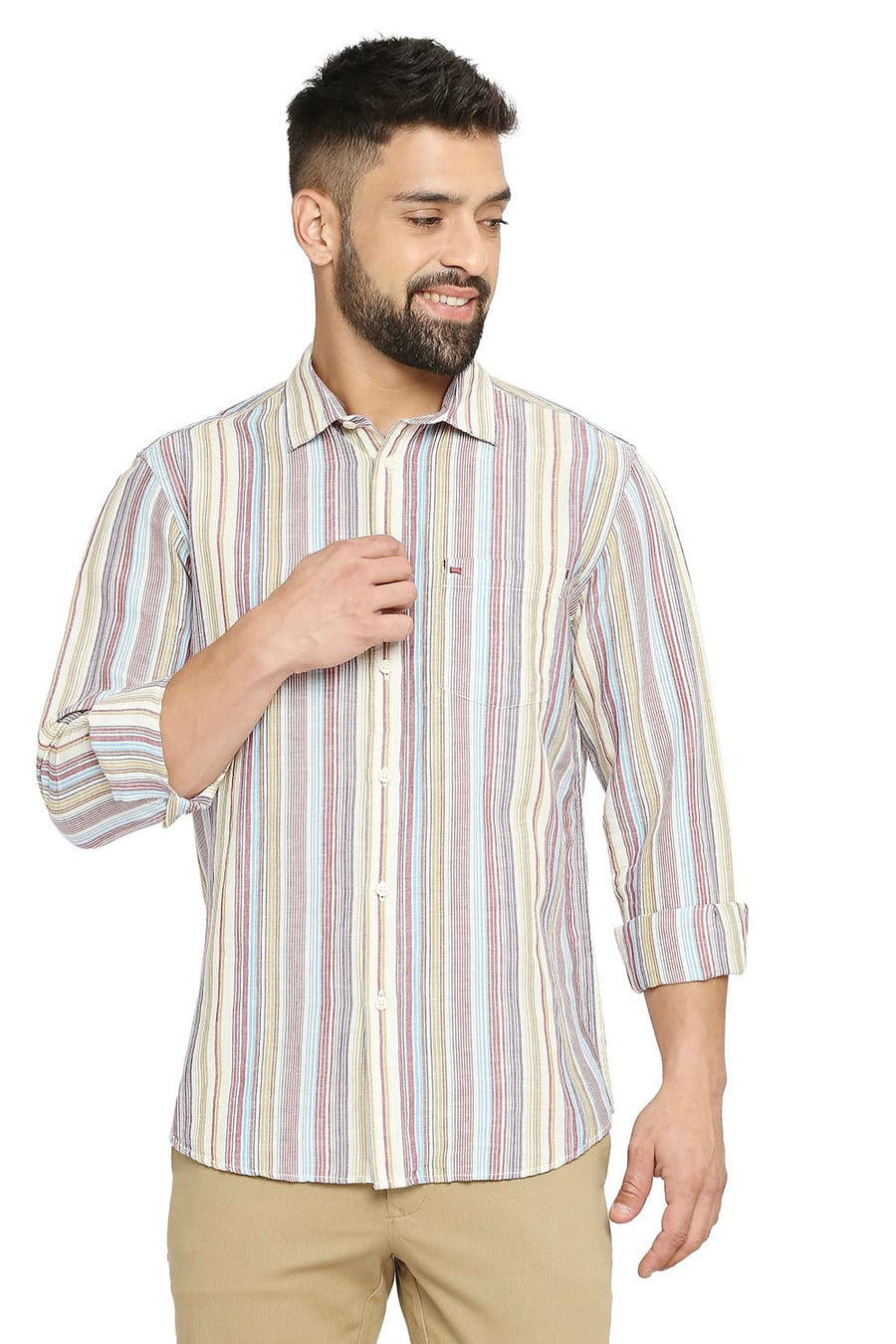 BASICS SLIM FIT EARTH RED COTTON LINEN STRIPE SHIRT