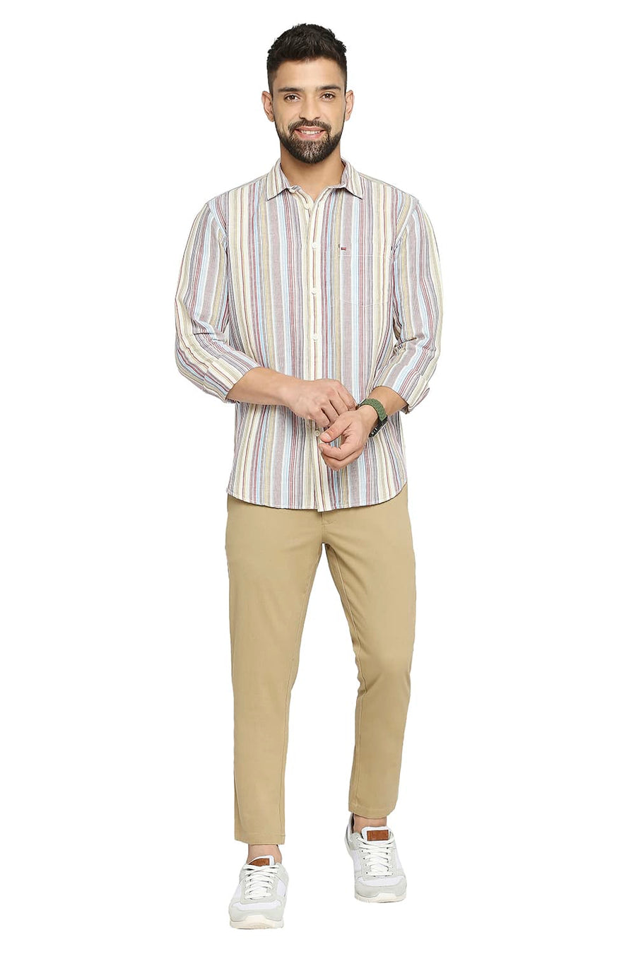 BASICS SLIM FIT EARTH RED COTTON LINEN STRIPE SHIRT