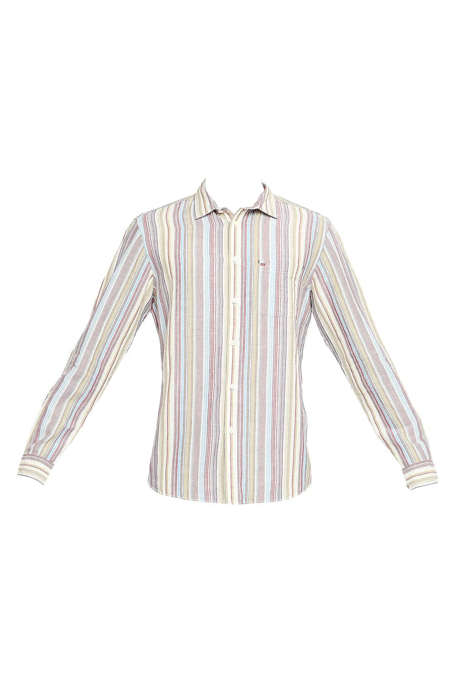 BASICS SLIM FIT EARTH RED COTTON LINEN STRIPE SHIRT