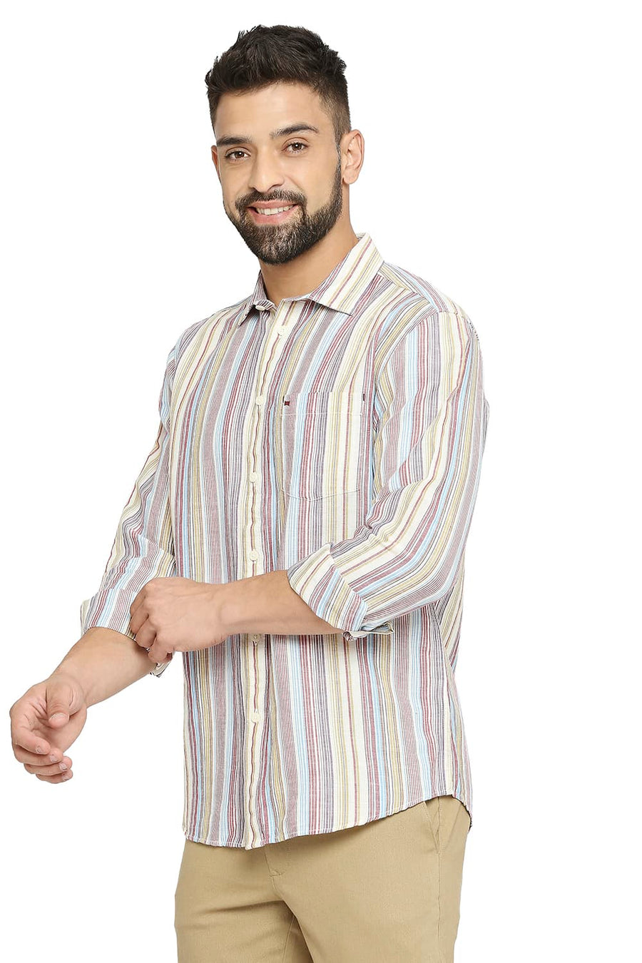 BASICS SLIM FIT EARTH RED COTTON LINEN STRIPE SHIRT