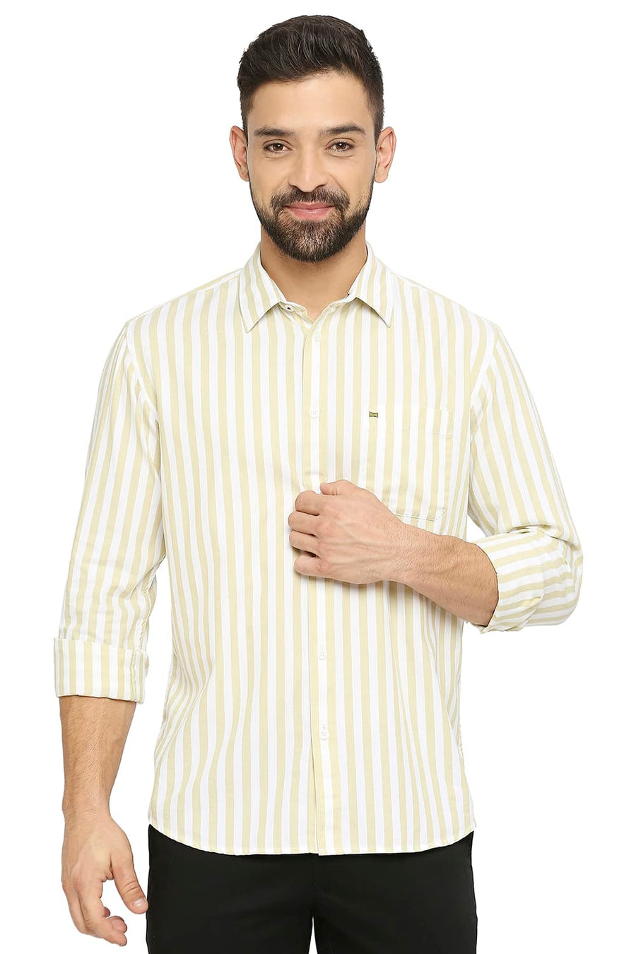 BASICS SLIM FIT DRIED BEIGE COTTON TWILL STRIPE SHIRT