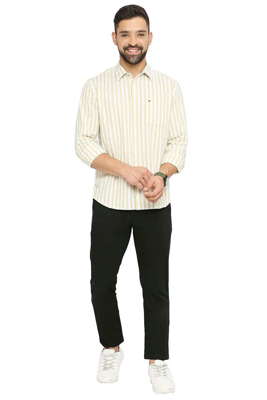 BASICS SLIM FIT DRIED BEIGE COTTON TWILL STRIPE SHIRT