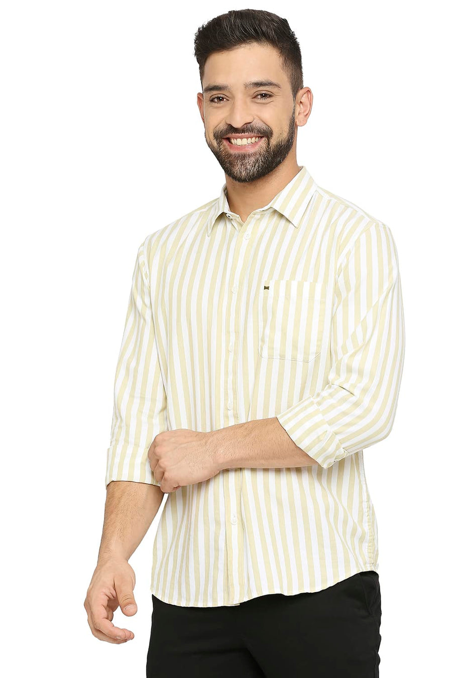 BASICS SLIM FIT DRIED BEIGE COTTON TWILL STRIPE SHIRT