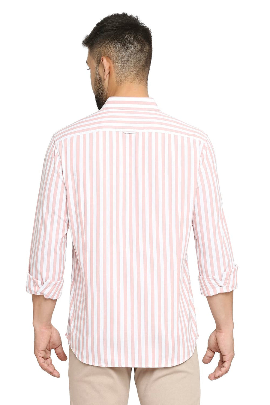 BASICS SLIM FIT BISQUE PINK COTTON TWILL STRIPE SHIRT