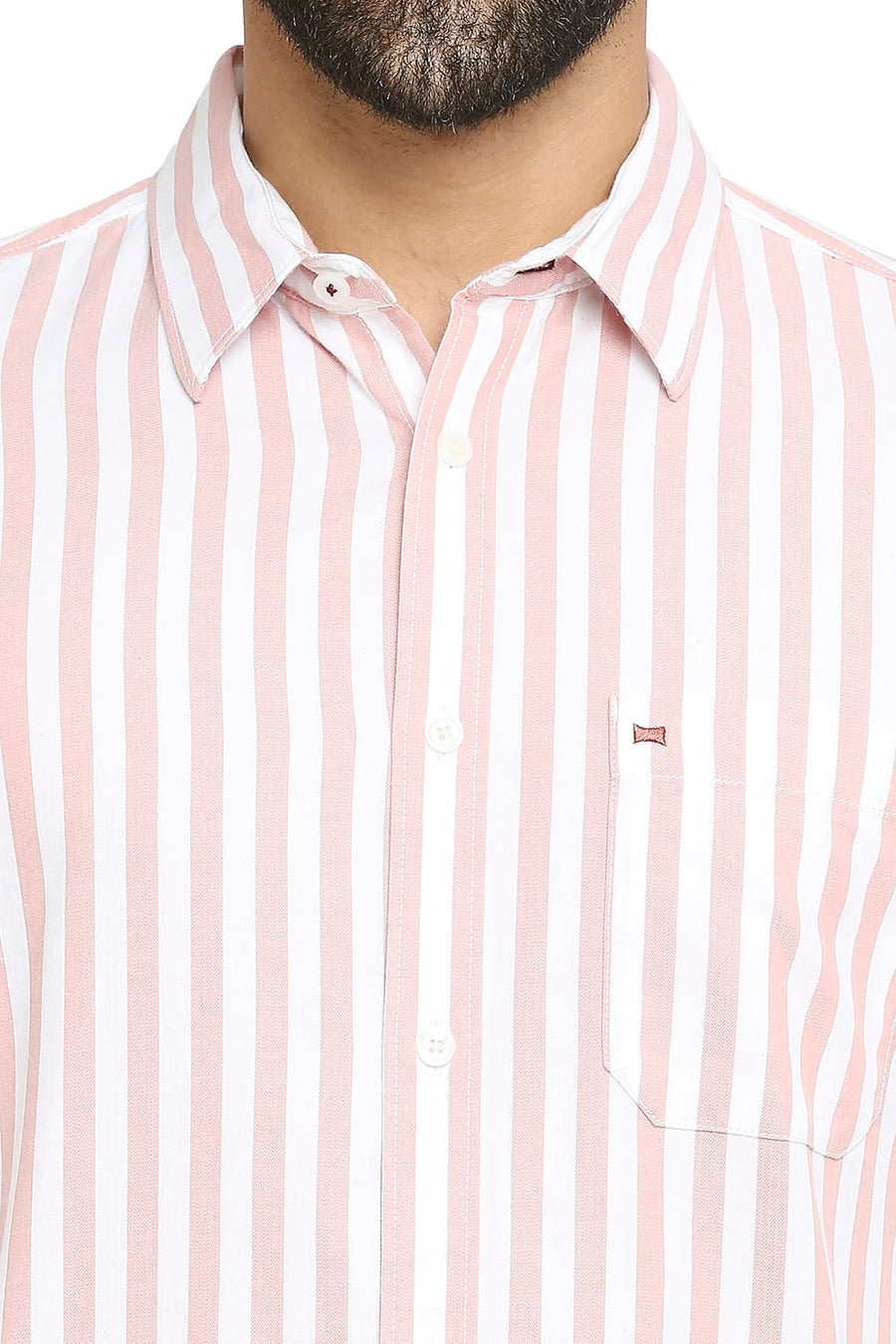 BASICS SLIM FIT BISQUE PINK COTTON TWILL STRIPE SHIRT