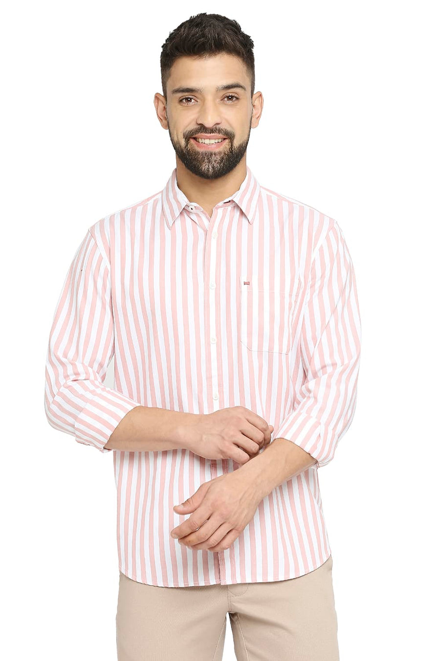 BASICS SLIM FIT BISQUE PINK COTTON TWILL STRIPE SHIRT