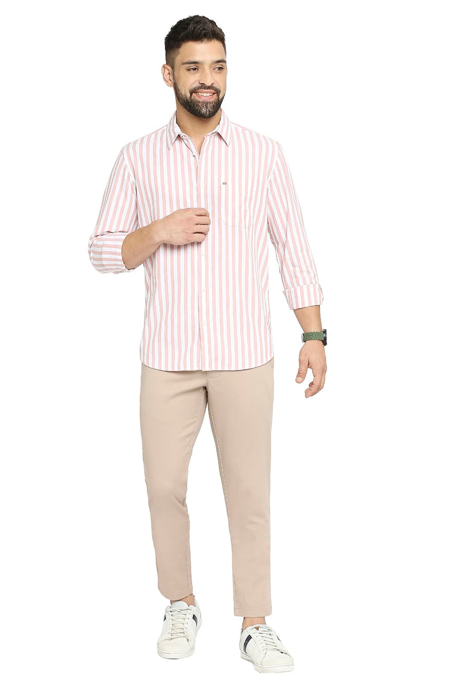 BASICS SLIM FIT BISQUE PINK COTTON TWILL STRIPE SHIRT
