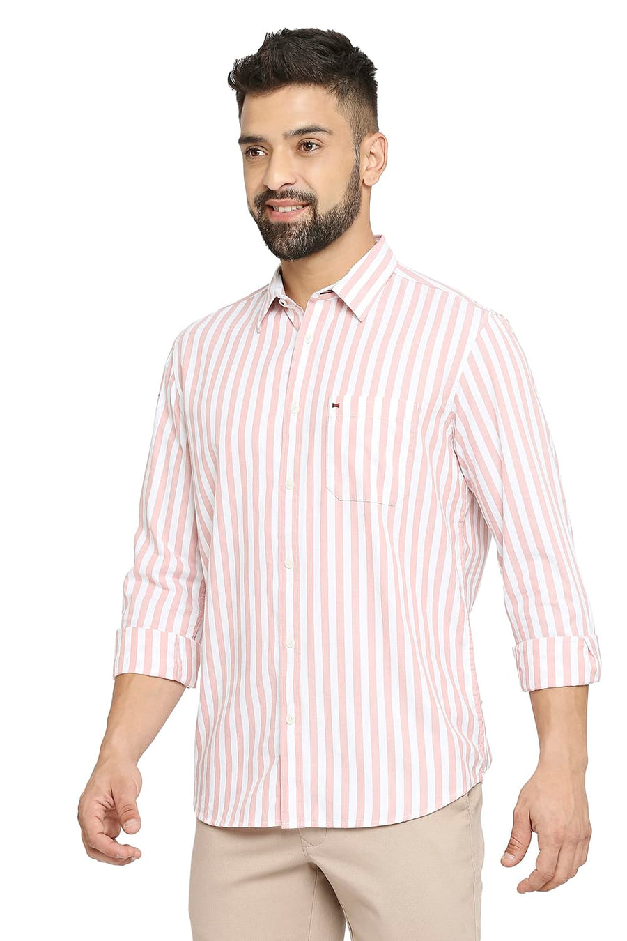 BASICS SLIM FIT BISQUE PINK COTTON TWILL STRIPE SHIRT
