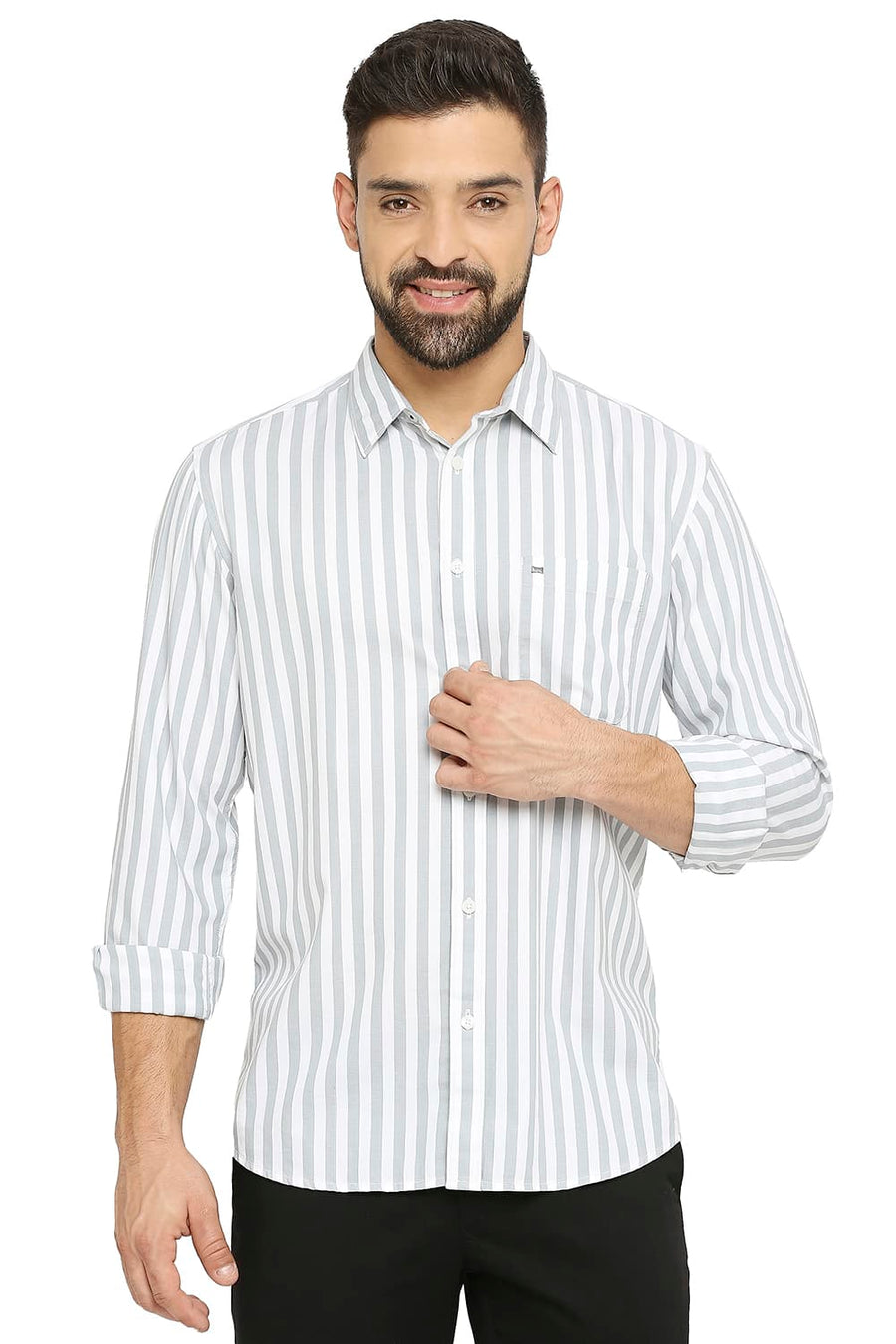 BASICS SLIM FIT BELGIAN GREY COTTON TWILL STRIPE SHIRT