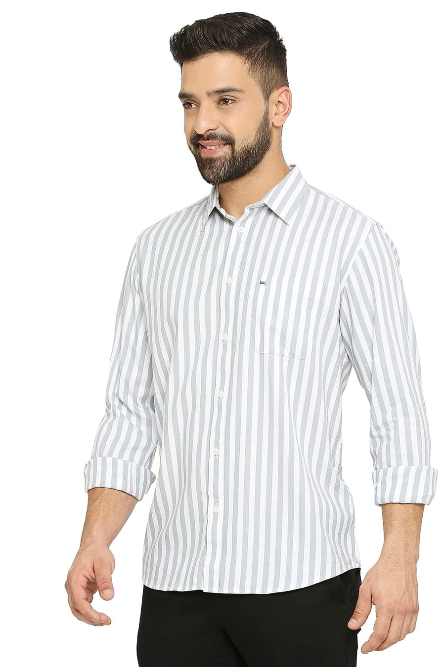 BASICS SLIM FIT BELGIAN GREY COTTON TWILL STRIPE SHIRT