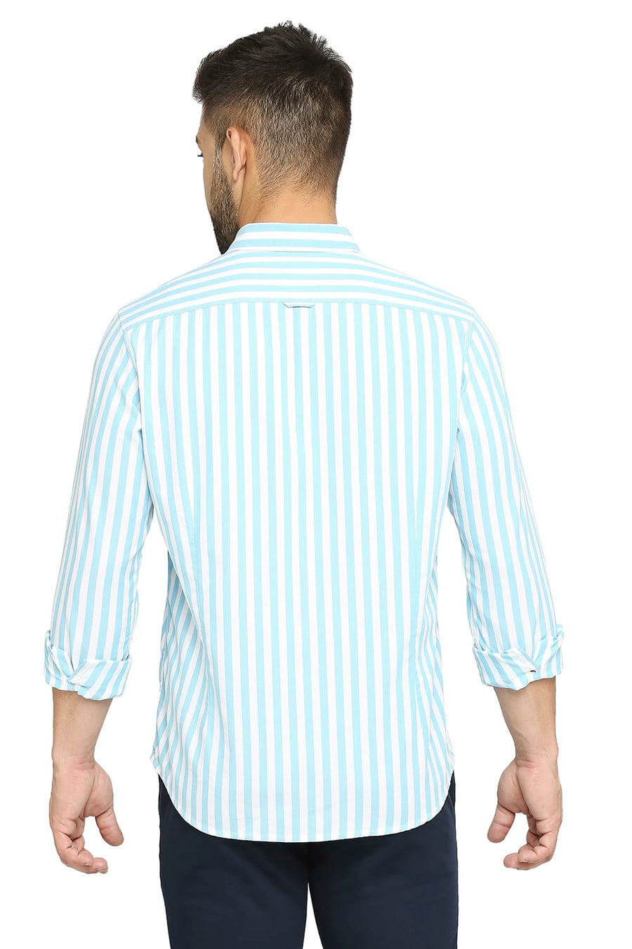BASICS SLIM FIT TOPAZ BLUE COTTON TWILL STRIPE SHIRT