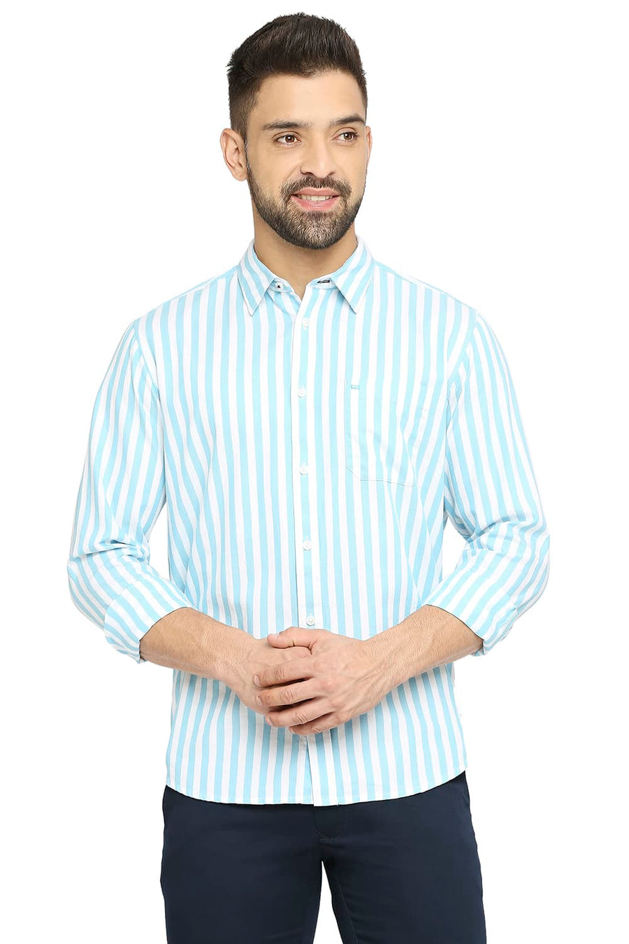 BASICS SLIM FIT TOPAZ BLUE COTTON TWILL STRIPE SHIRT