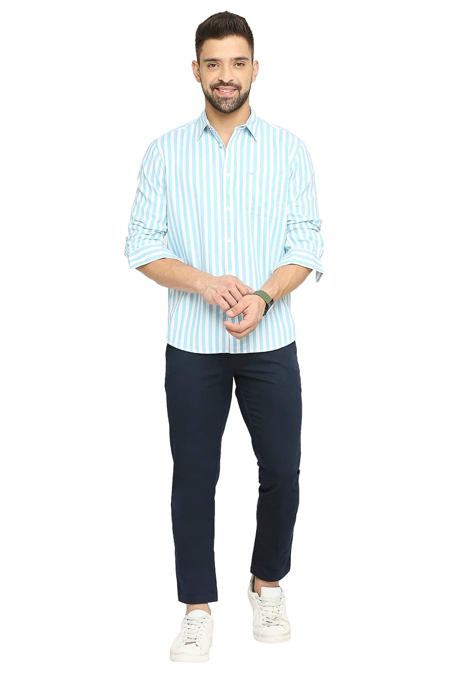 BASICS SLIM FIT TOPAZ BLUE COTTON TWILL STRIPE SHIRT