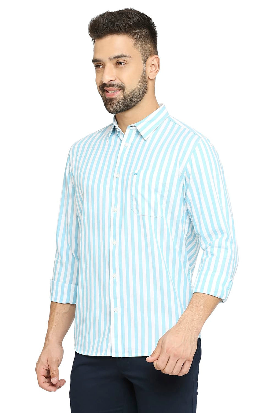 BASICS SLIM FIT TOPAZ BLUE COTTON TWILL STRIPE SHIRT