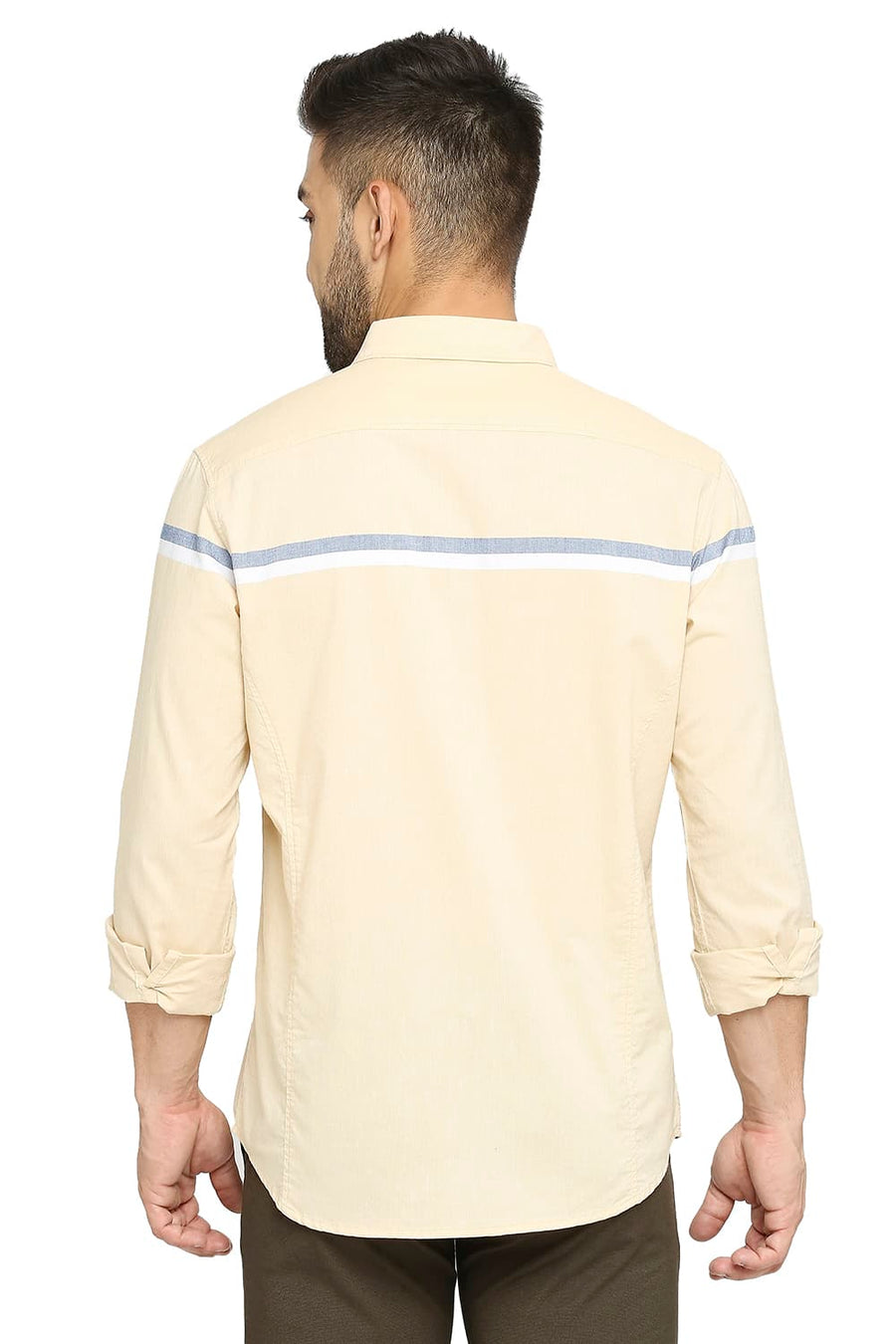 BASICS SLIM FIT STRAVV YELLOW COTTON OXFORD WEFT ENGINEERING STRIPE SHIRT