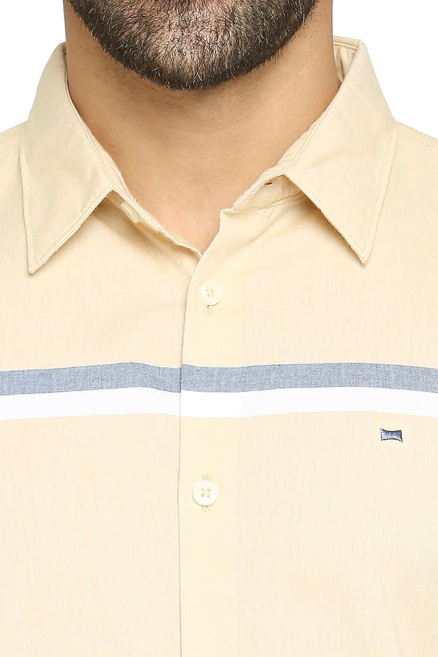 BASICS SLIM FIT STRAVV YELLOW COTTON OXFORD WEFT ENGINEERING STRIPE SHIRT