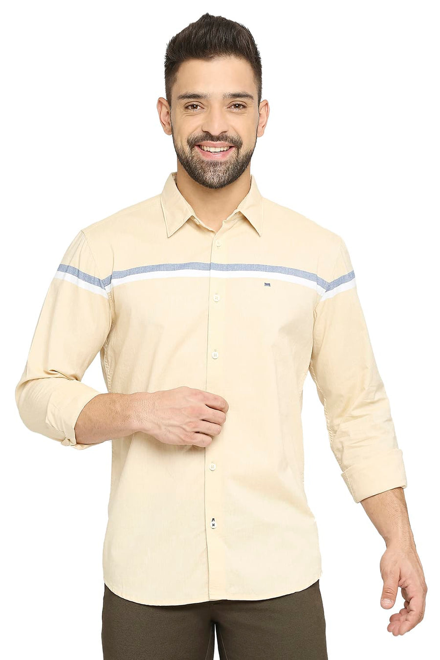 BASICS SLIM FIT STRAVV YELLOW COTTON OXFORD WEFT ENGINEERING STRIPE SHIRT