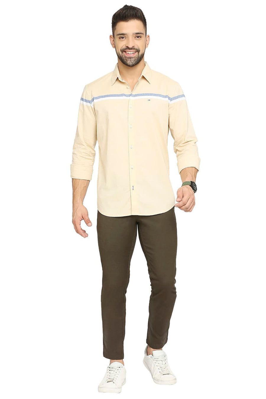 BASICS SLIM FIT STRAVV YELLOW COTTON OXFORD WEFT ENGINEERING STRIPE SHIRT