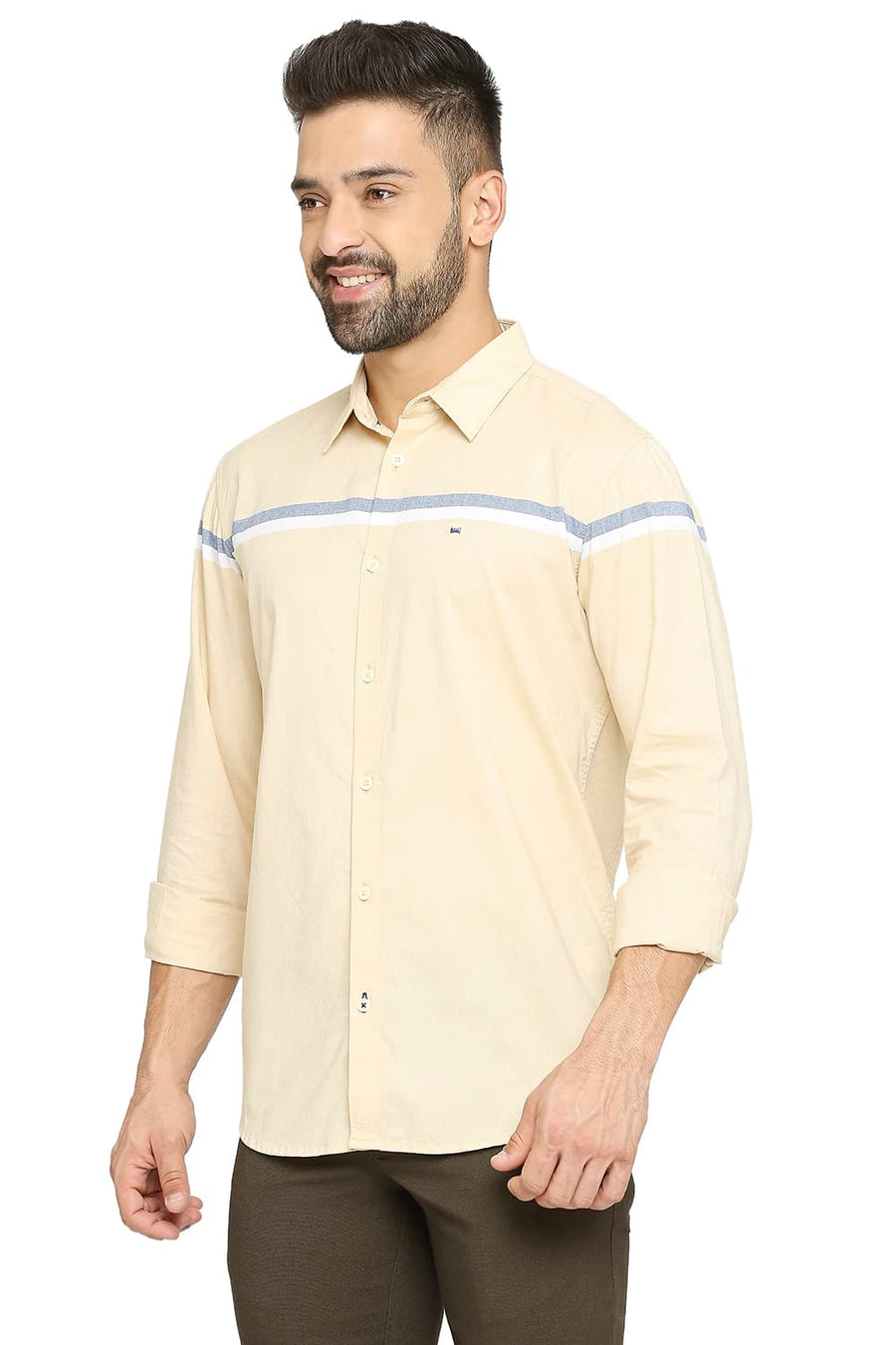BASICS SLIM FIT STRAVV YELLOW COTTON OXFORD WEFT ENGINEERING STRIPE SHIRT