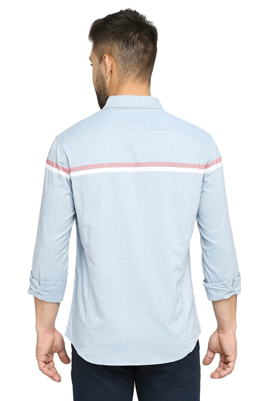 BASICS SLIM FIT CAMEO NAVY COTTON OXFORD WEFT ENGINEERING STRIPE SHIRT