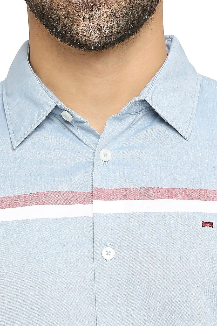 BASICS SLIM FIT CAMEO NAVY COTTON OXFORD WEFT ENGINEERING STRIPE SHIRT
