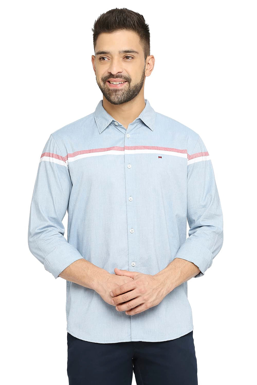 BASICS SLIM FIT CAMEO NAVY COTTON OXFORD WEFT ENGINEERING STRIPE SHIRT