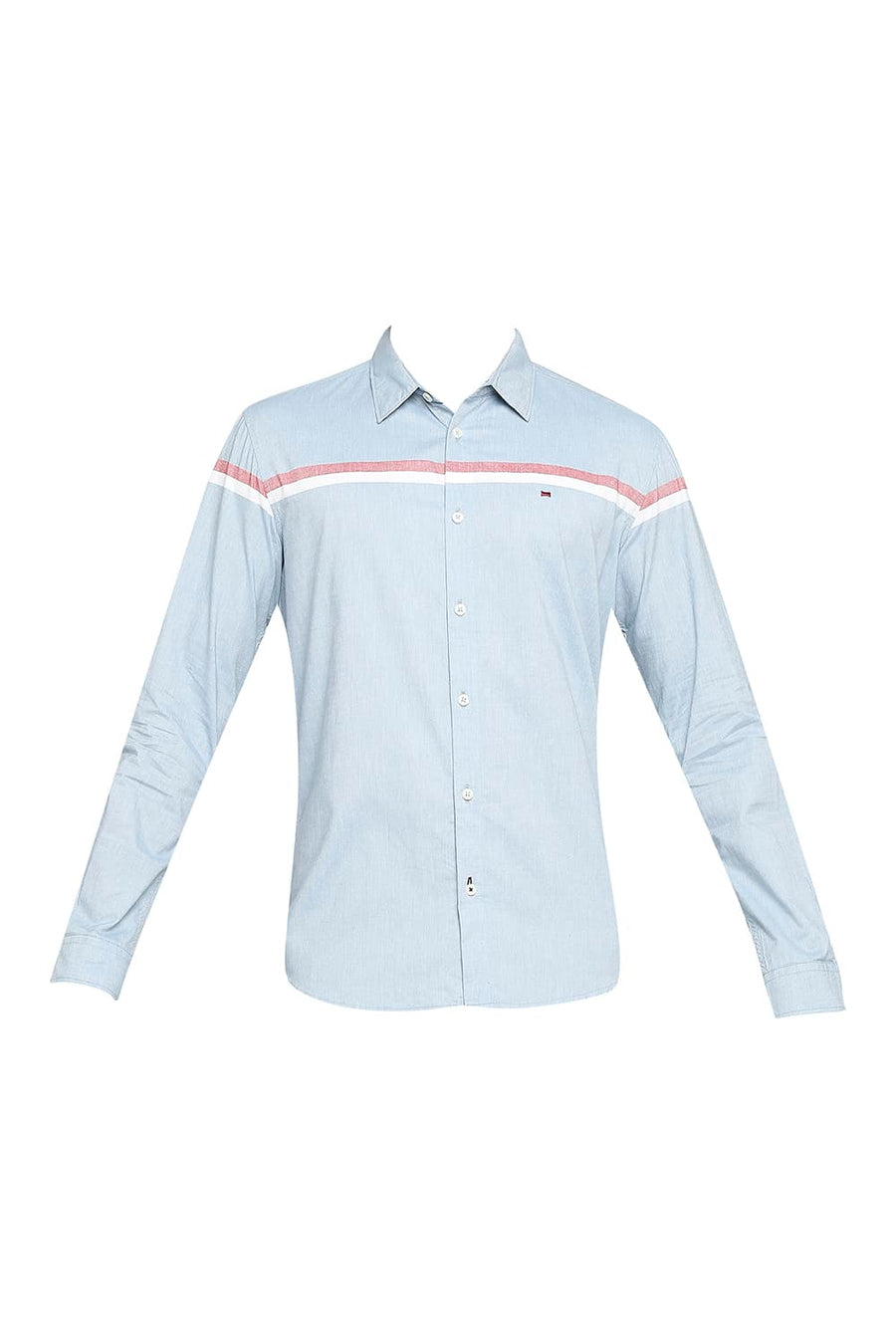 BASICS SLIM FIT CAMEO NAVY COTTON OXFORD WEFT ENGINEERING STRIPE SHIRT