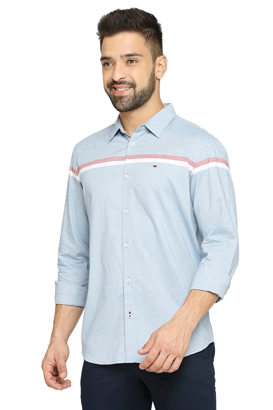 BASICS SLIM FIT CAMEO NAVY COTTON OXFORD WEFT ENGINEERING STRIPE SHIRT