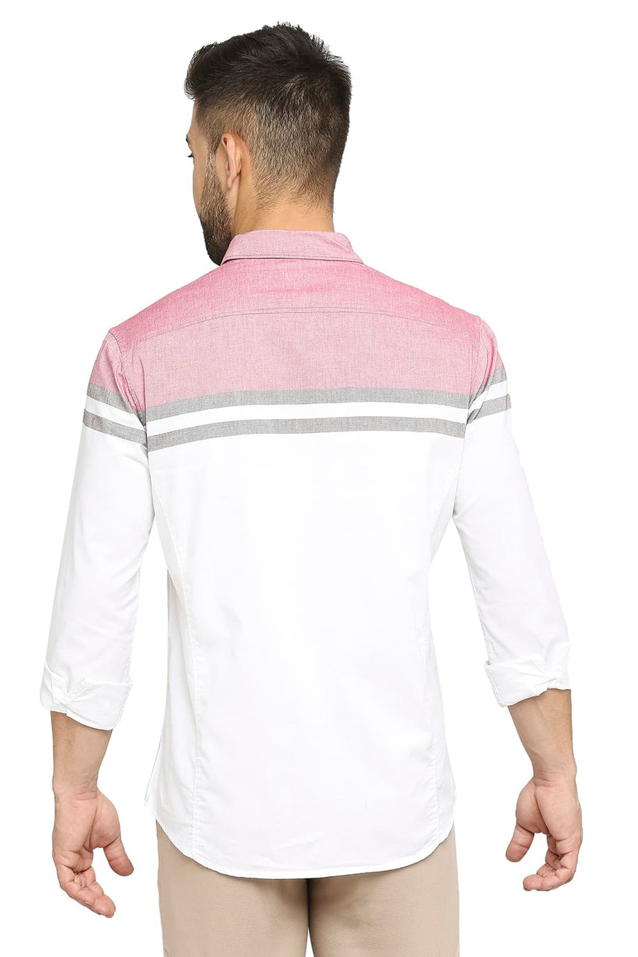 BASICS SLIM FIT CAYENNE RED COTTON OXFORD WEFT ENGINEERING STRIPE SHIRT
