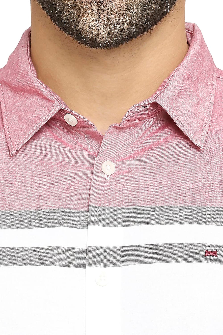 BASICS SLIM FIT CAYENNE RED COTTON OXFORD WEFT ENGINEERING STRIPE SHIRT