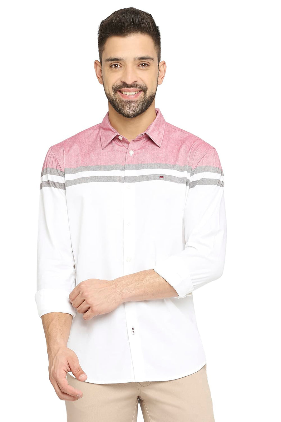 BASICS SLIM FIT CAYENNE RED COTTON OXFORD WEFT ENGINEERING STRIPE SHIRT
