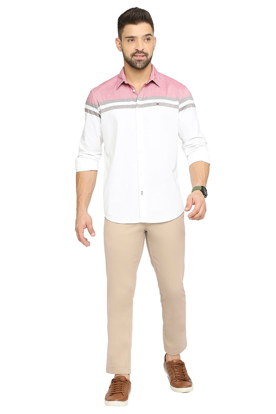 BASICS SLIM FIT CAYENNE RED COTTON OXFORD WEFT ENGINEERING STRIPE SHIRT