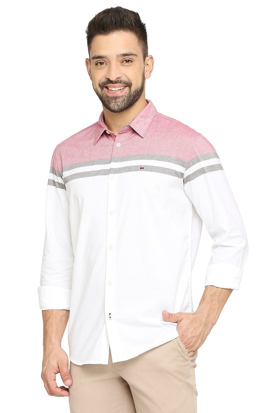 BASICS SLIM FIT CAYENNE RED COTTON OXFORD WEFT ENGINEERING STRIPE SHIRT