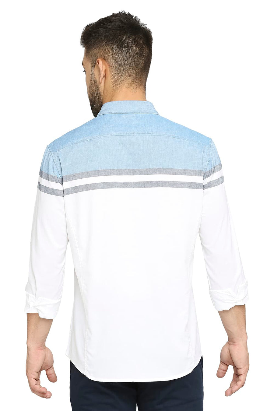 BASICS SLIM FIT FAIENCE BLUE COTTON OXFORD WEFT ENGINEERING STRIPE SHIRT