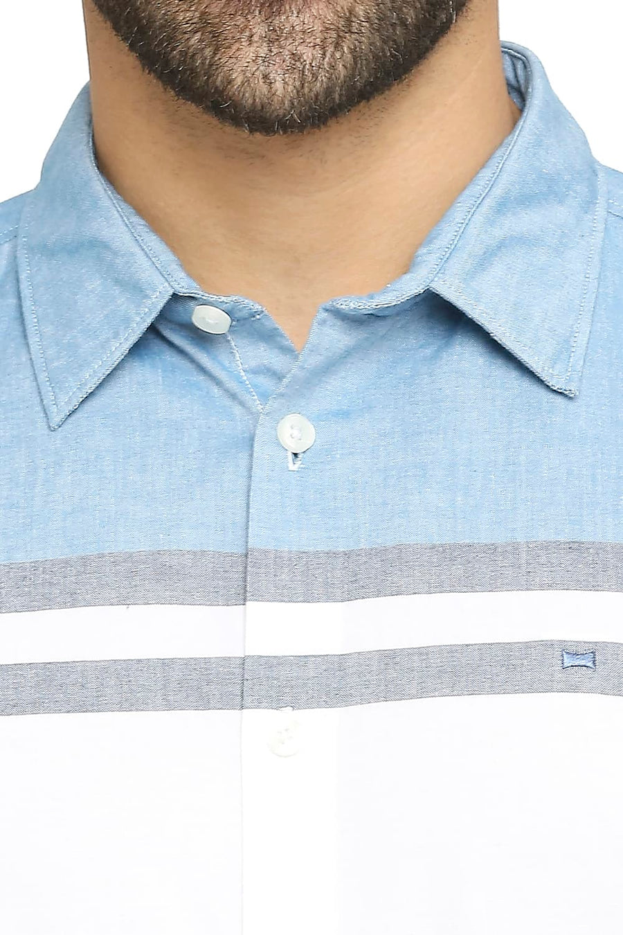 BASICS SLIM FIT FAIENCE BLUE COTTON OXFORD WEFT ENGINEERING STRIPE SHIRT