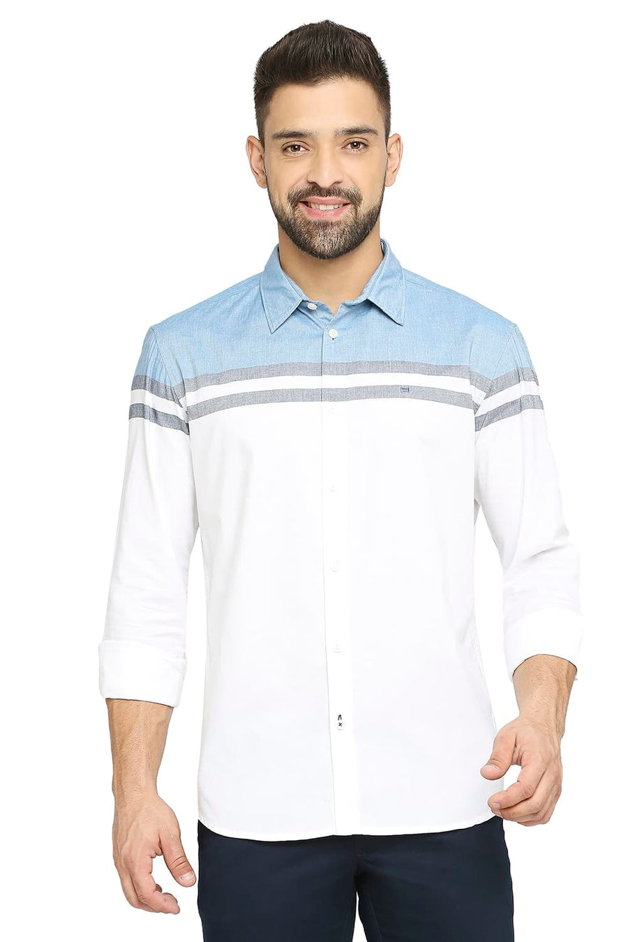 BASICS SLIM FIT FAIENCE BLUE COTTON OXFORD WEFT ENGINEERING STRIPE SHIRT