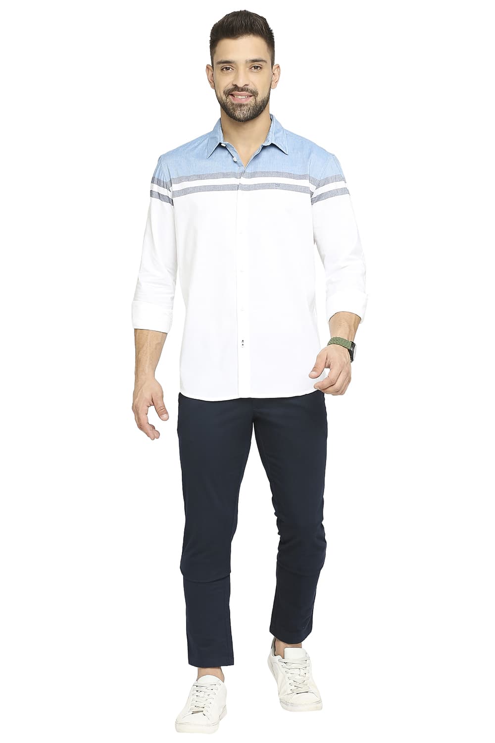 BASICS SLIM FIT COTTON OXFORD WEFT ENGINEERING STRIPE SHIRT